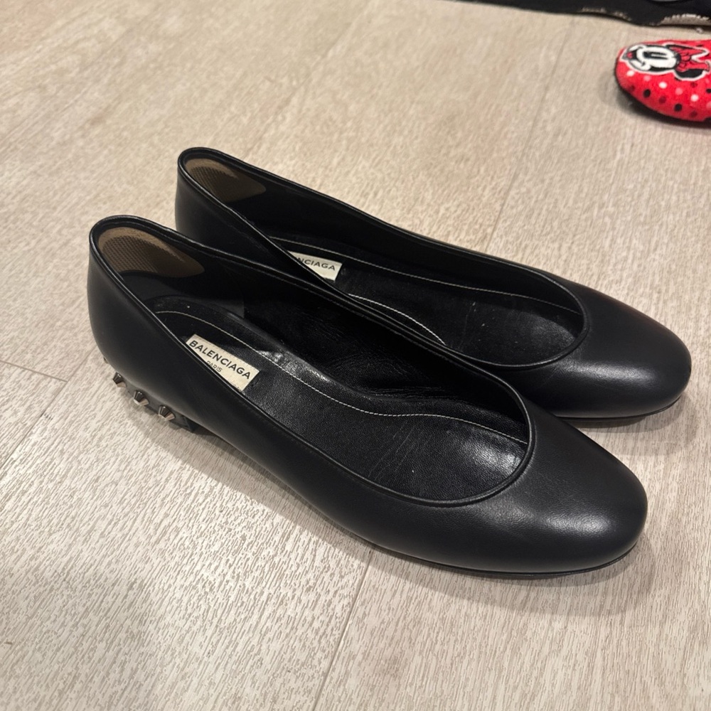 Balenciaga Black Suede Ballet Flats W/ Silver Studded  Heel 40 1/2